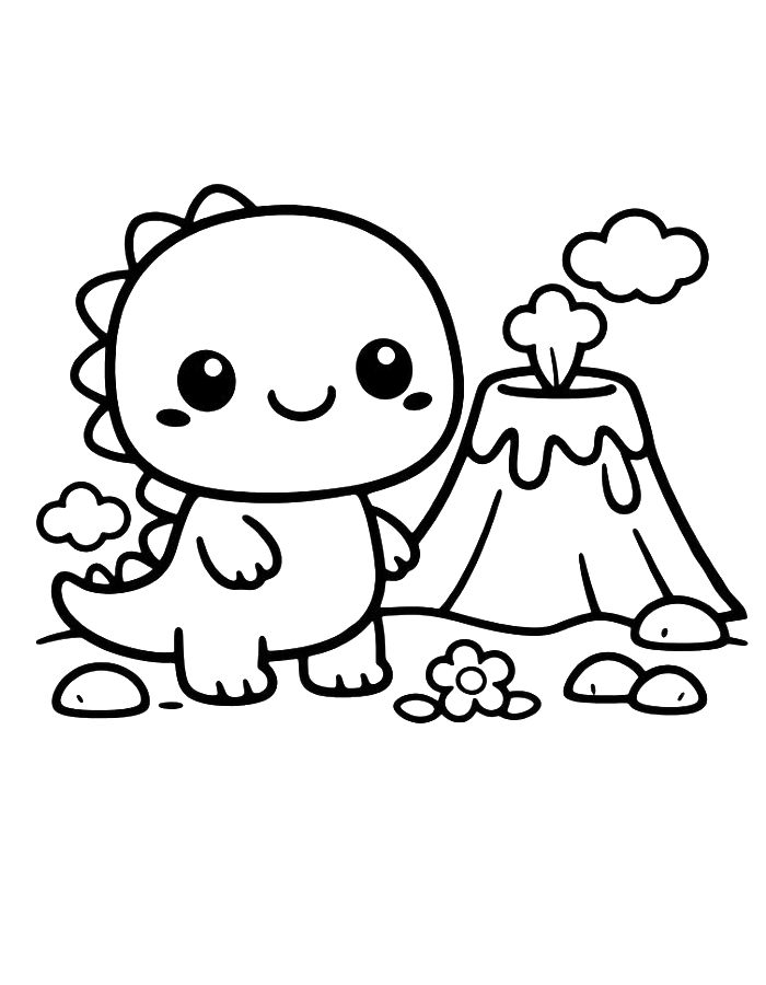 Cute Baby Dinosaur Standing Beside A Volcano With Flowers And Clouds Coloring Page