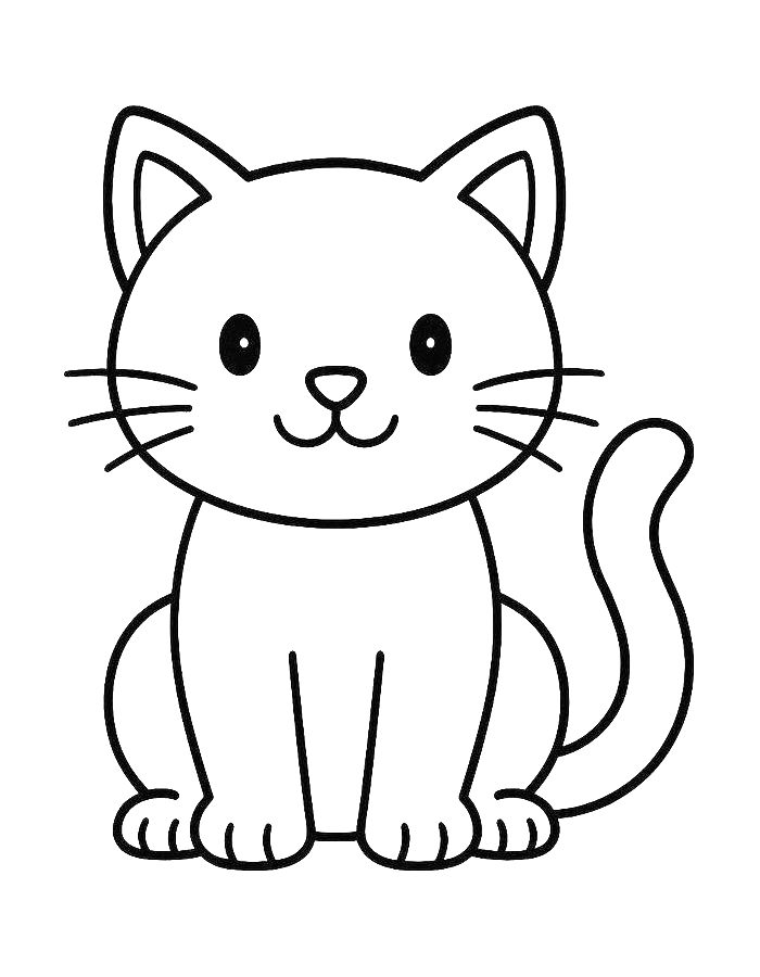Cute Cartoon Cat Sitting With A Curled Tail And Whiskers Coloring Page