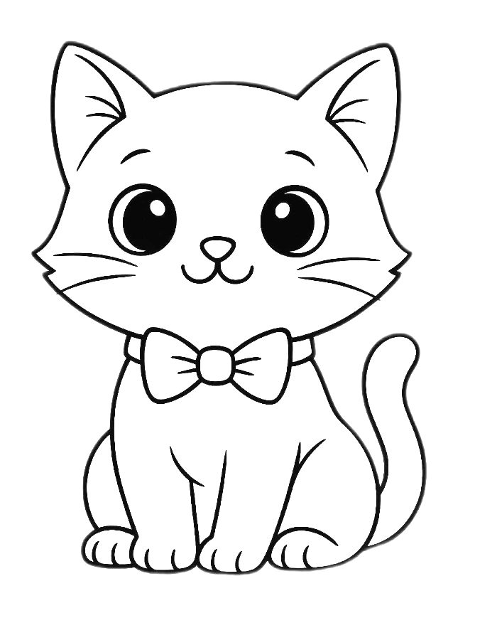 Cute Cartoon Cat With A Bow Tie And Big Expressive Eyes Coloring Page