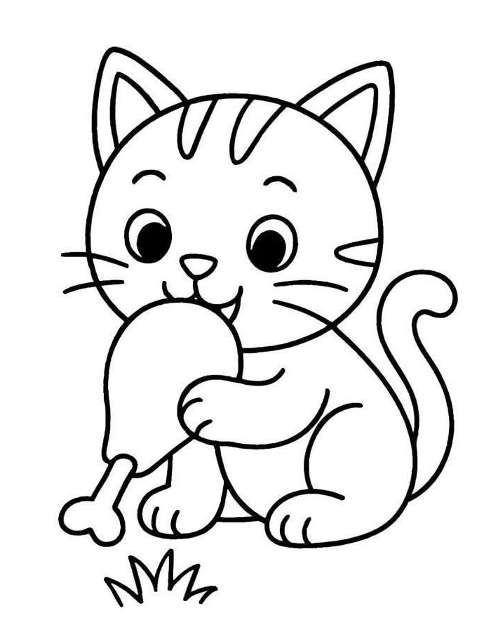 Cute Kitten Hugging A Fish With A Bone Beside It Coloring Page
