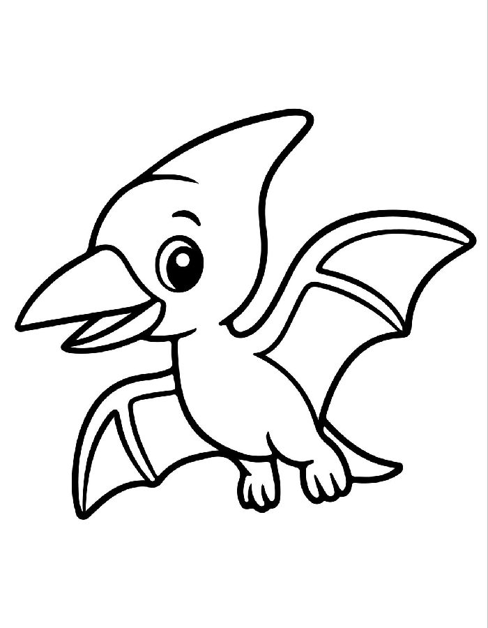Cute Pterodactyl Flying With Wide Wings, A Long Beak, And Bright Eyes Coloring Page
