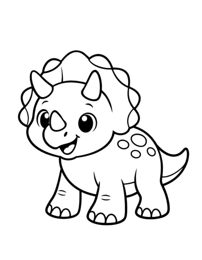 Cute Triceratops With A Frilled Head, Three Horns, Spots, And Sturdy Legs Coloring Page