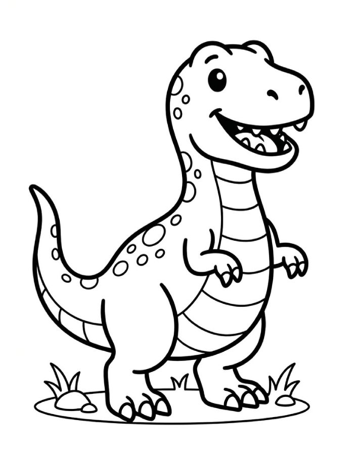Happy Cartoon T-rex With Spotted Skin, Striped Belly, And Tiny Arms Standing Outdoors Coloring Page
