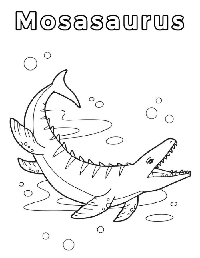 Mosasaurus Swimming Underwater With Sharp Teeth, Fins, And A Long Tail Coloring Page
