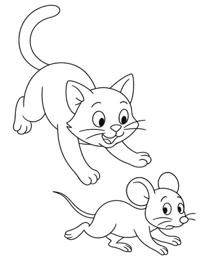Playful Cat Chasing A Mouse With Outstretched Paws And Curved Tail Coloring Page