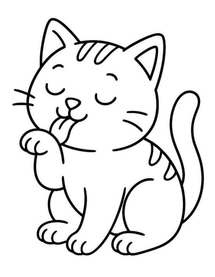 Playful Kitten Licking Its Paw With Closed Eyes And Striped Fur Coloring Page
