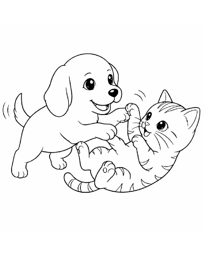Playful Puppy And Kitten Playfully Wrestling Together With Cheerful Expressions Coloring Page