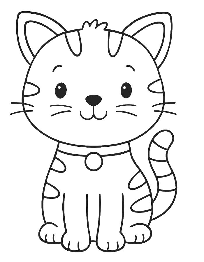 Striped Kitten With A Collar, Round Face, And Curled Tail Coloring Page